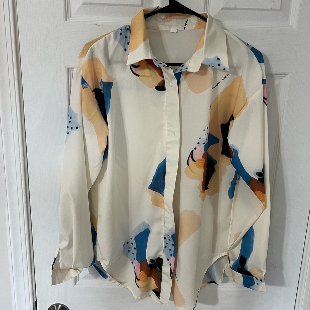 SHEIN Cream and Blue Artistic Blouse